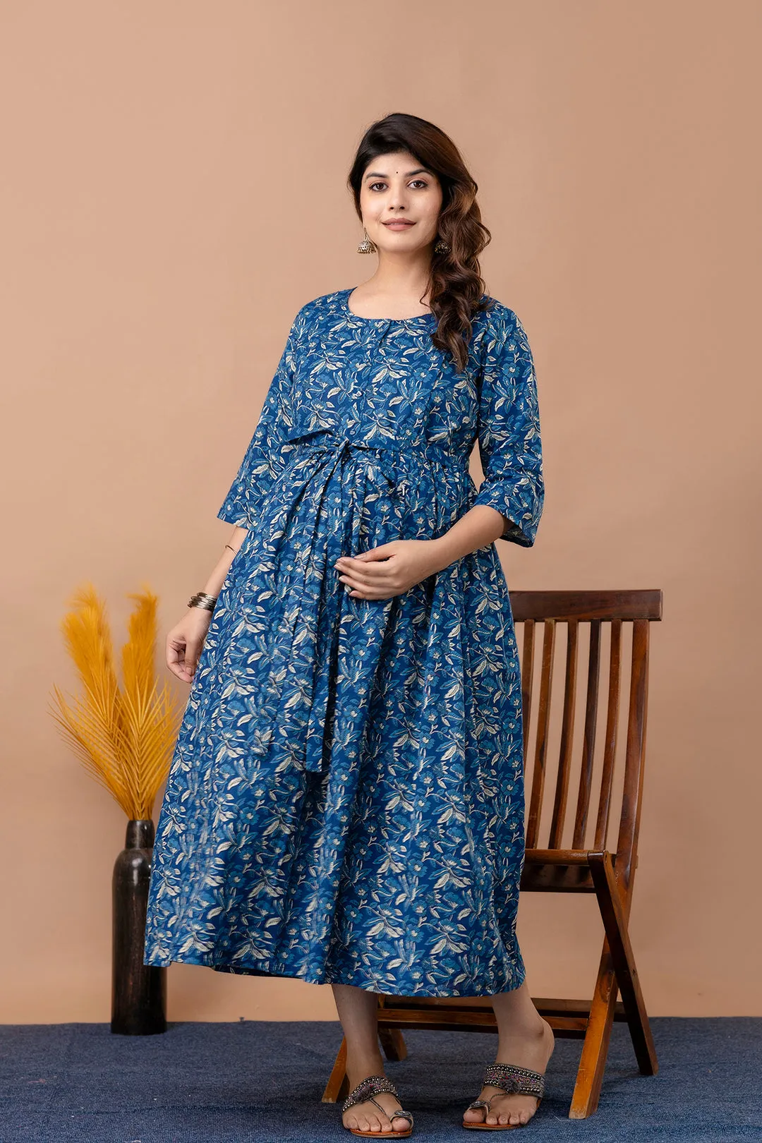 Blue Floral Maternity Dress For Women