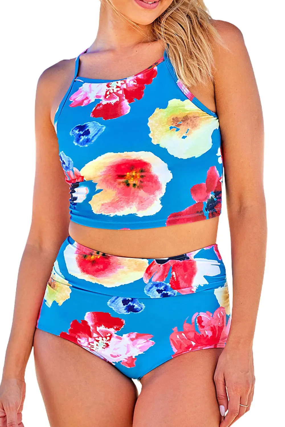 Blue Floral Print Spaghetti Straps Tankini Set