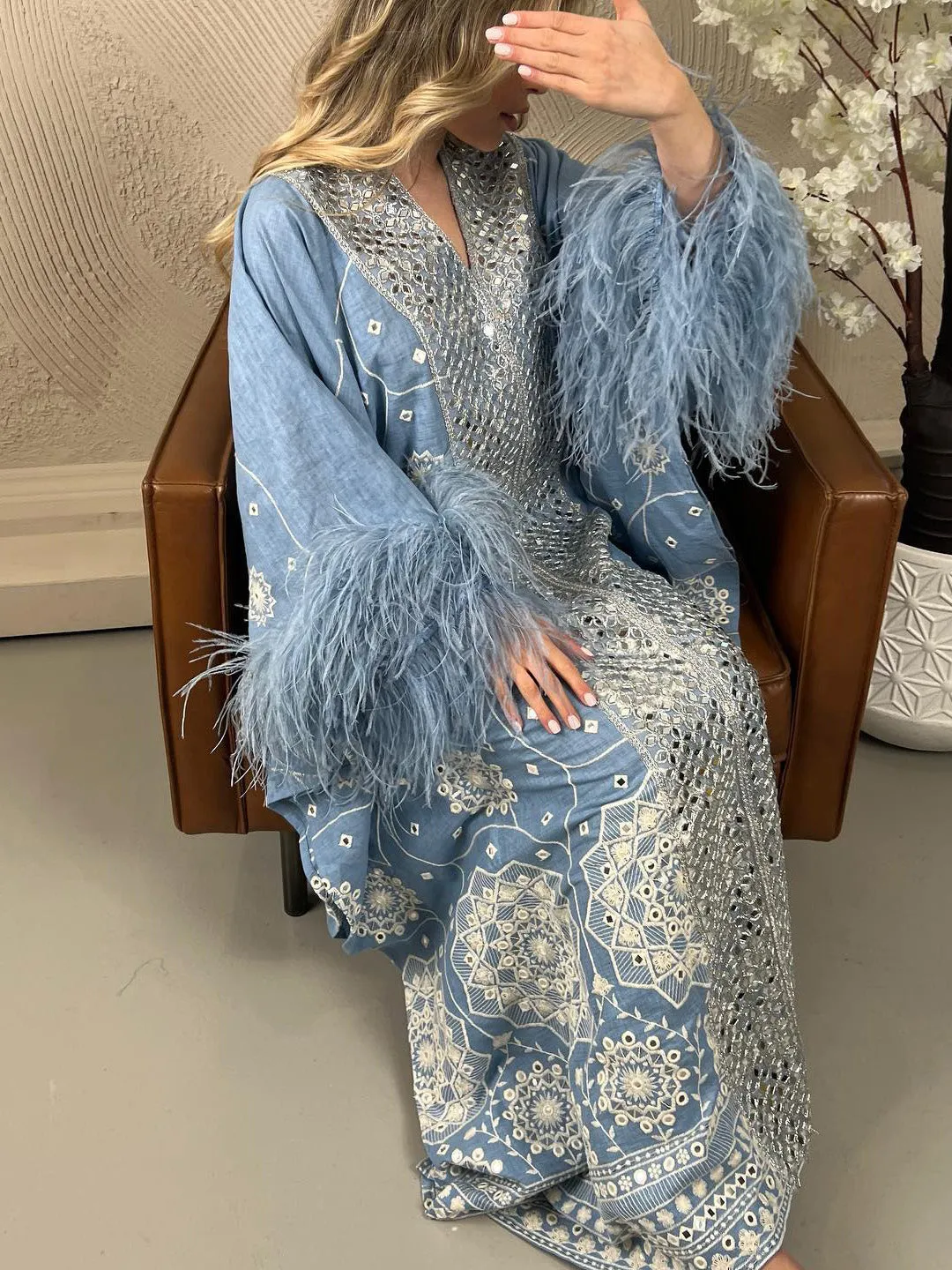 Blue Floral with Fur Trim Long Sleeve Kaftan