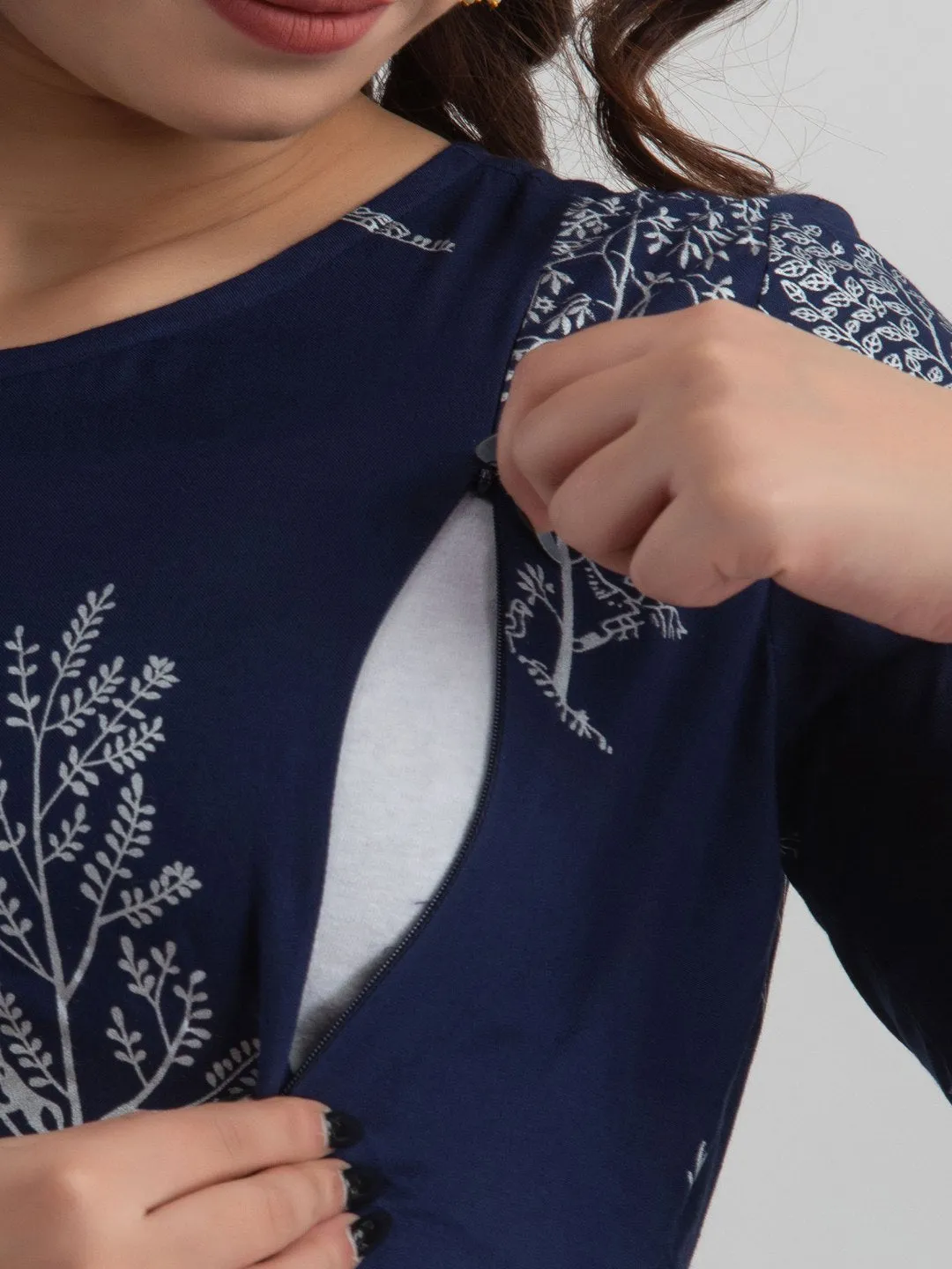 Blue Printed Rayon Maternity Kurta Only