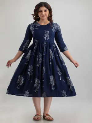 Blue Printed Rayon Maternity Kurta Only
