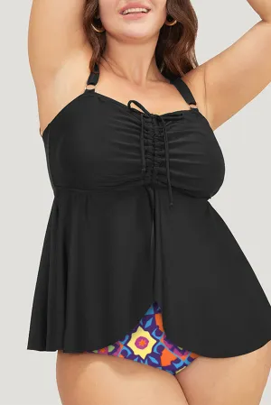Blue Zone Planet |  Black Drawstring Tied Front Flared Top Geometric Print Bottom Plus Size Tankinis