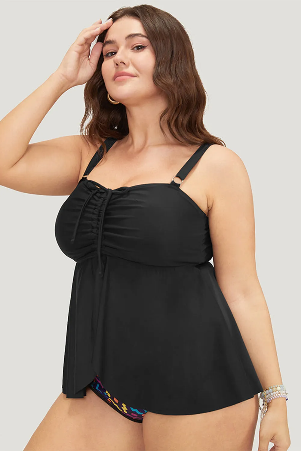 Blue Zone Planet |  Black Drawstring Tied Front Flared Top Geometric Print Bottom Plus Size Tankinis
