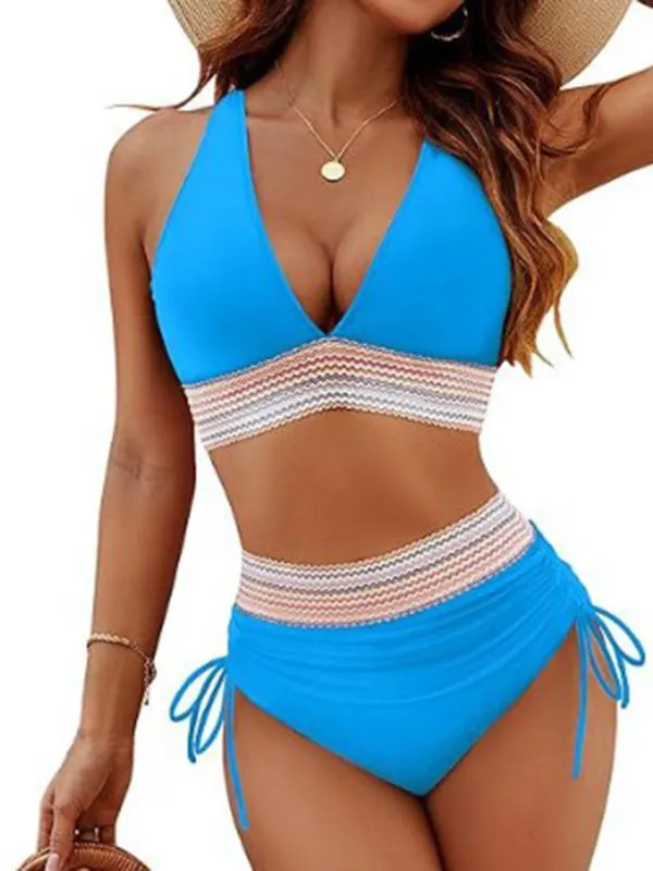 Blue Zone Planet |  High waist two piece set V neck tie bikini