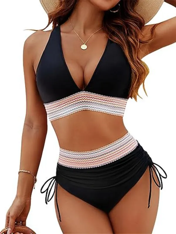 Blue Zone Planet |  High waist two piece set V neck tie bikini