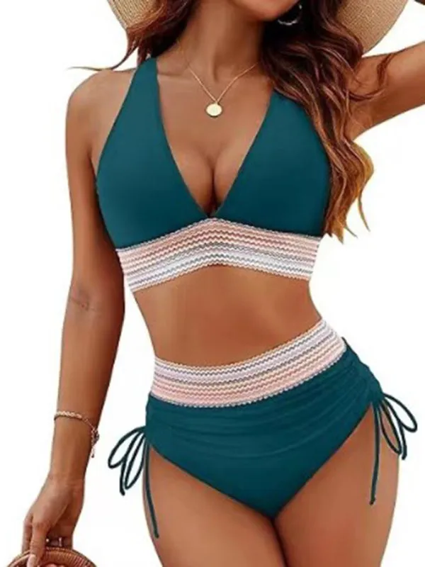 Blue Zone Planet |  High waist two piece set V neck tie bikini