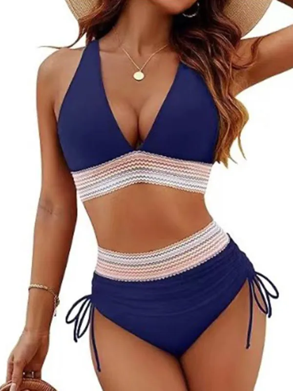 Blue Zone Planet |  High waist two piece set V neck tie bikini
