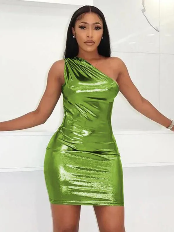 Blue Zone Planet |  New Sexy Slim Solid Color Slant Shoulder Sleeveless Hip Dress