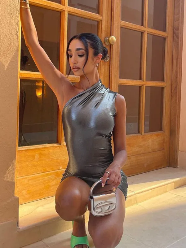 Blue Zone Planet |  New Sexy Slim Solid Color Slant Shoulder Sleeveless Hip Dress