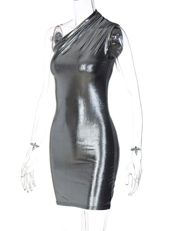 Blue Zone Planet |  New Sexy Slim Solid Color Slant Shoulder Sleeveless Hip Dress