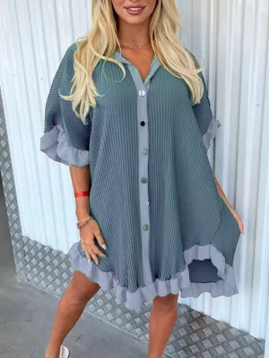 Blue Zone Planet |  New Solid Color Shirt Dress Ruffle Sleeve Irregular Shirt Dress