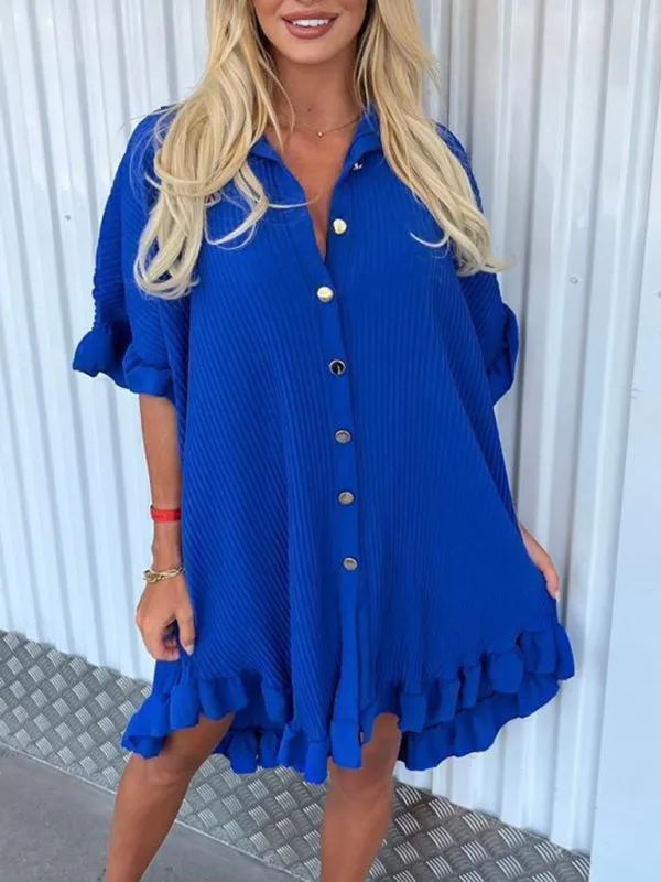 Blue Zone Planet |  New Solid Color Shirt Dress Ruffle Sleeve Irregular Shirt Dress