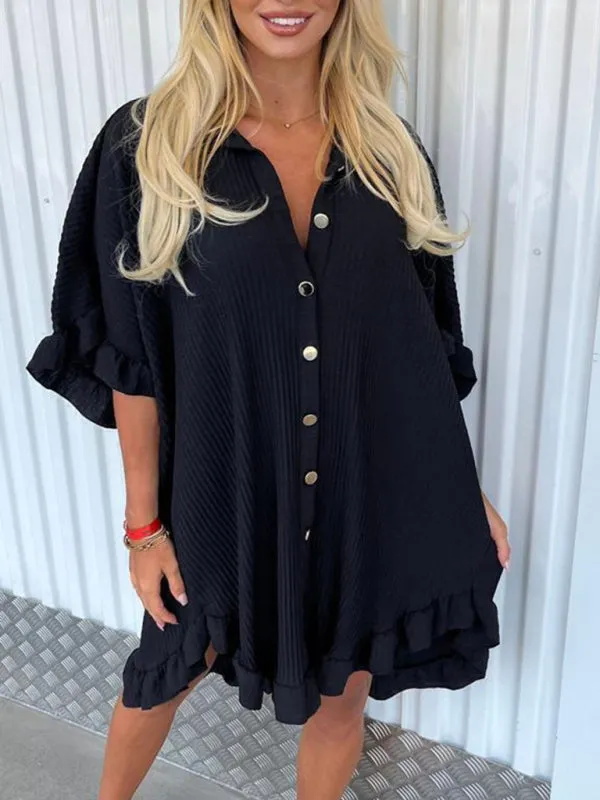 Blue Zone Planet |  New Solid Color Shirt Dress Ruffle Sleeve Irregular Shirt Dress