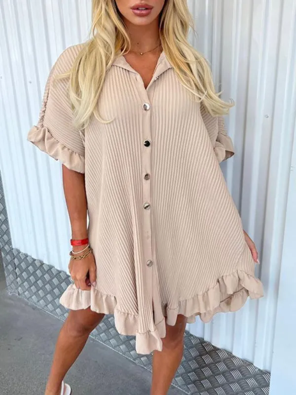 Blue Zone Planet |  New Solid Color Shirt Dress Ruffle Sleeve Irregular Shirt Dress