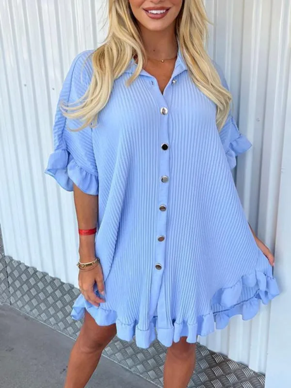 Blue Zone Planet |  New Solid Color Shirt Dress Ruffle Sleeve Irregular Shirt Dress