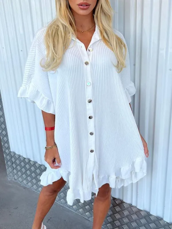 Blue Zone Planet |  New Solid Color Shirt Dress Ruffle Sleeve Irregular Shirt Dress