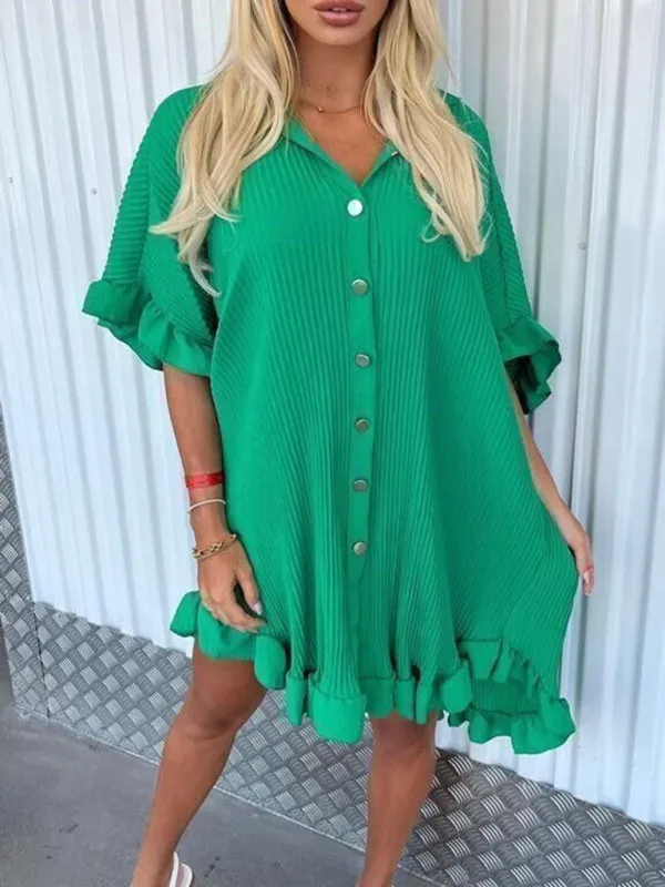 Blue Zone Planet |  New Solid Color Shirt Dress Ruffle Sleeve Irregular Shirt Dress