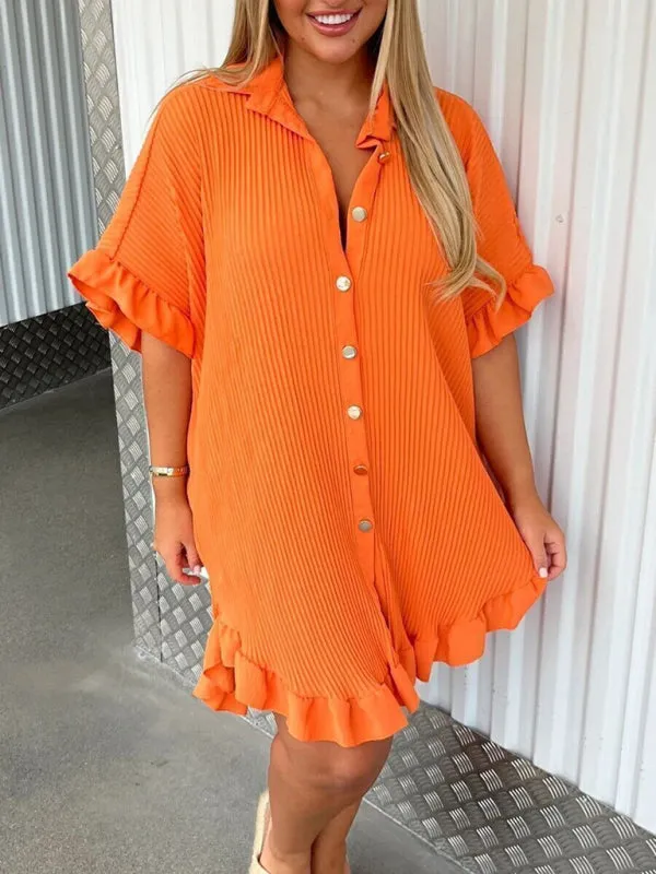 Blue Zone Planet |  New Solid Color Shirt Dress Ruffle Sleeve Irregular Shirt Dress