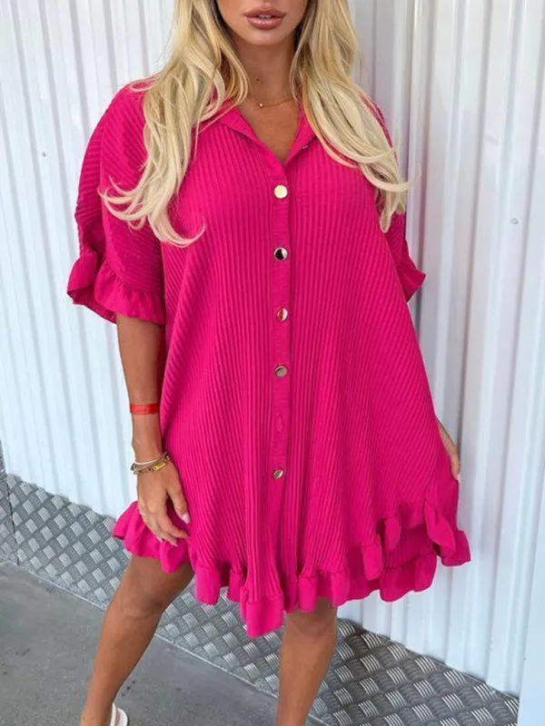 Blue Zone Planet |  New Solid Color Shirt Dress Ruffle Sleeve Irregular Shirt Dress
