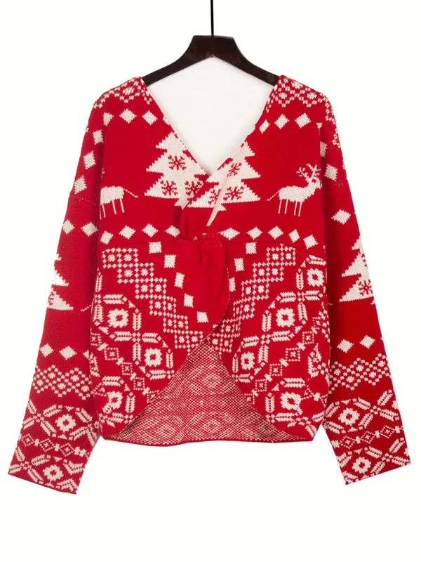 Blue Zone Planet |  New V-neck irregular backless off-shoulder Christmas snowflake pattern long-sleeved women's sweater