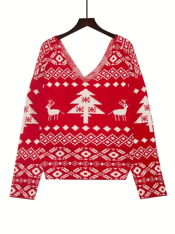 Blue Zone Planet |  New V-neck irregular backless off-shoulder Christmas snowflake pattern long-sleeved women's sweater