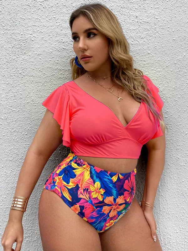Blue Zone Planet |  Plus Size Women-Falbala V-Neck Bikini Set