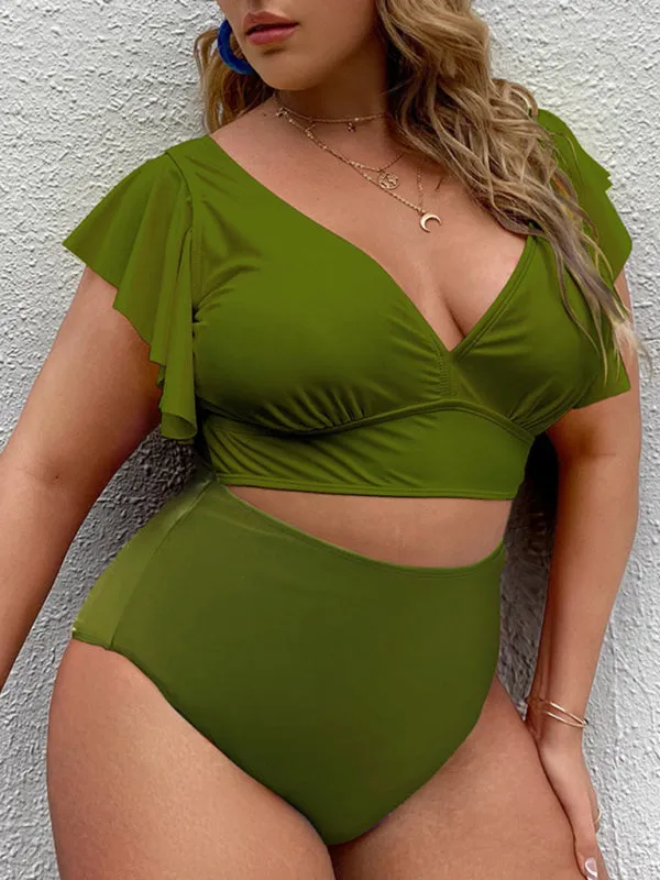 Blue Zone Planet |  Plus Size Women-Falbala V-Neck Bikini Set