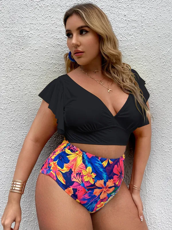 Blue Zone Planet |  Plus Size Women-Falbala V-Neck Bikini Set