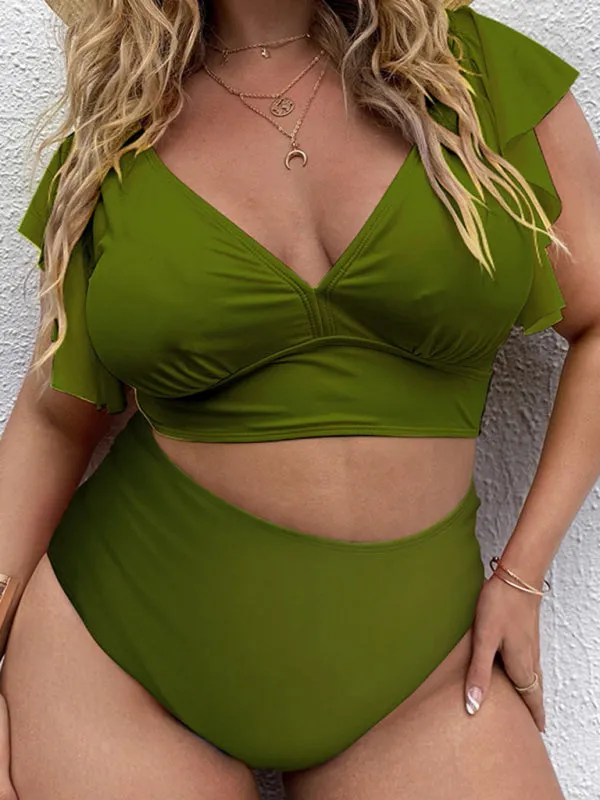 Blue Zone Planet |  Plus Size Women-Falbala V-Neck Bikini Set