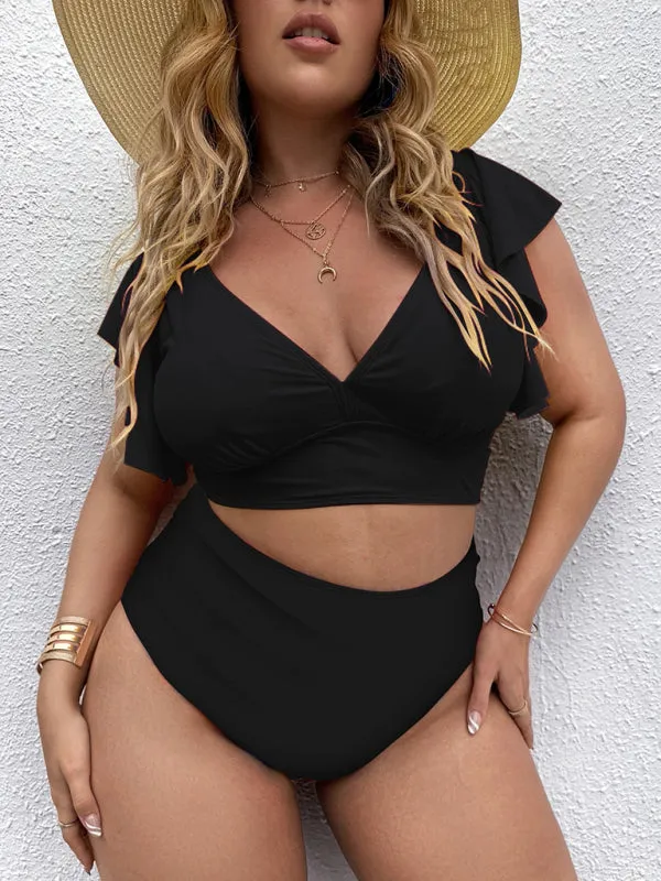 Blue Zone Planet |  Plus Size Women-Falbala V-Neck Bikini Set