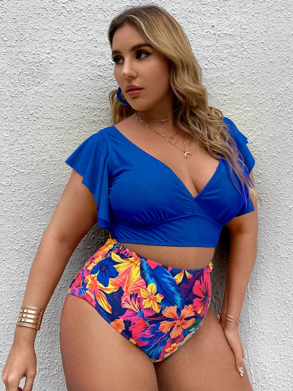 Blue Zone Planet |  Plus Size Women-Falbala V-Neck Bikini Set