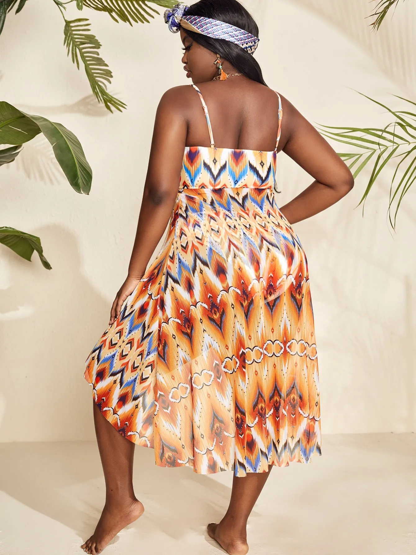 Boho All Over Print Ring Spaghetti Strap Plus Size Tankini