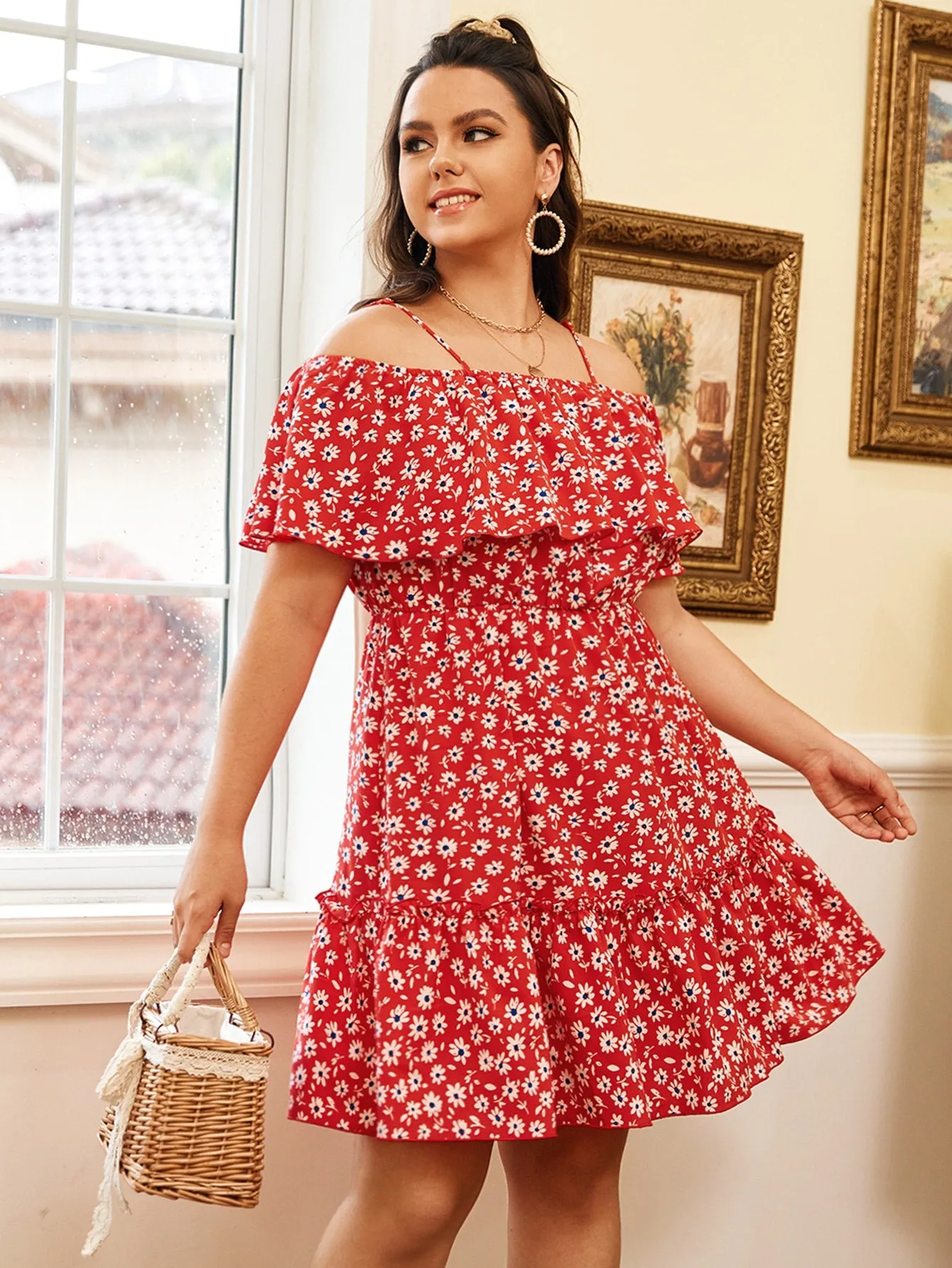 Boho Ditsy Floral Ruffle Hem Short Sleeve Off The Shoulder Flounce High Waist Short Plus Size Dress