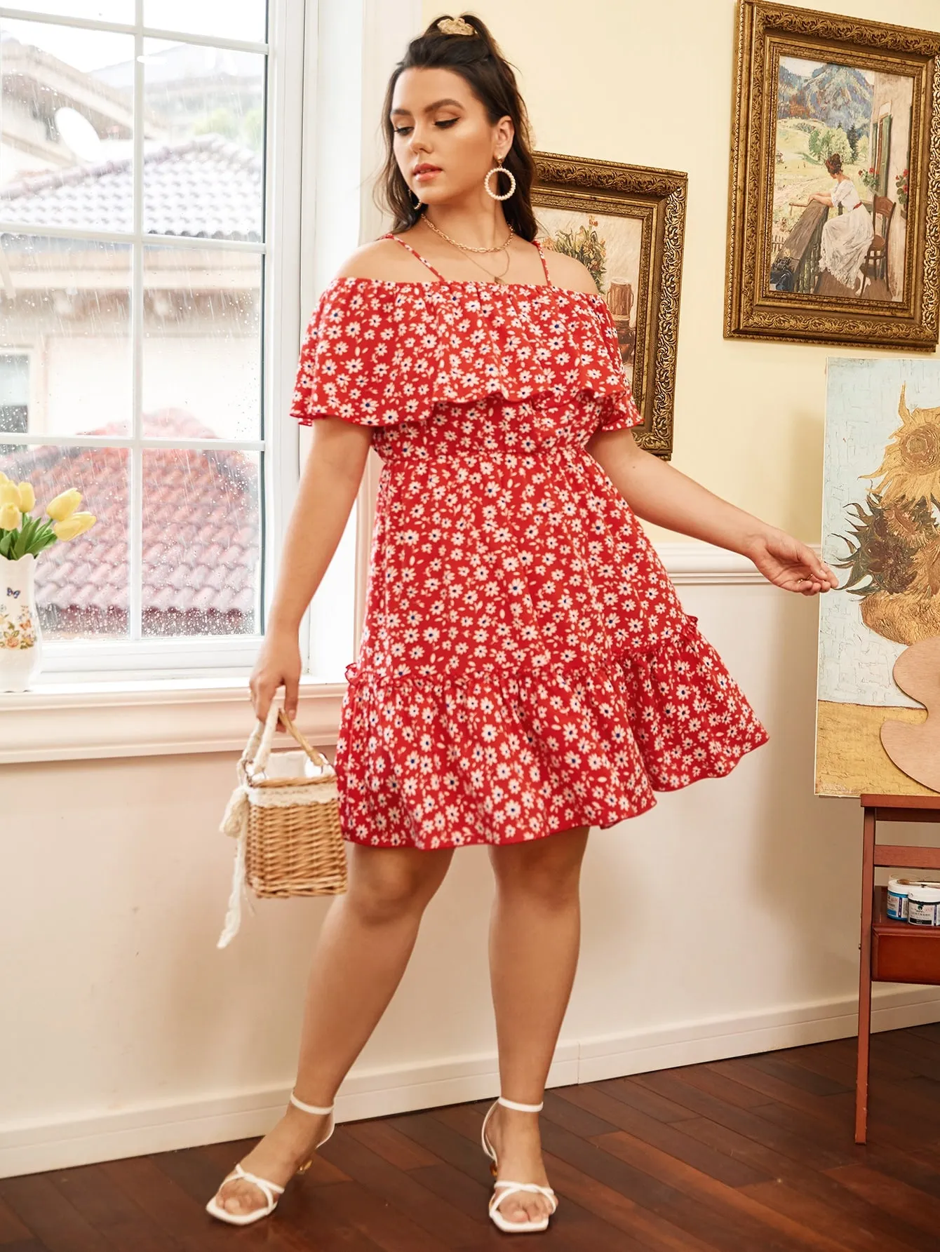 Boho Ditsy Floral Ruffle Hem Short Sleeve Off The Shoulder Flounce High Waist Short Plus Size Dress