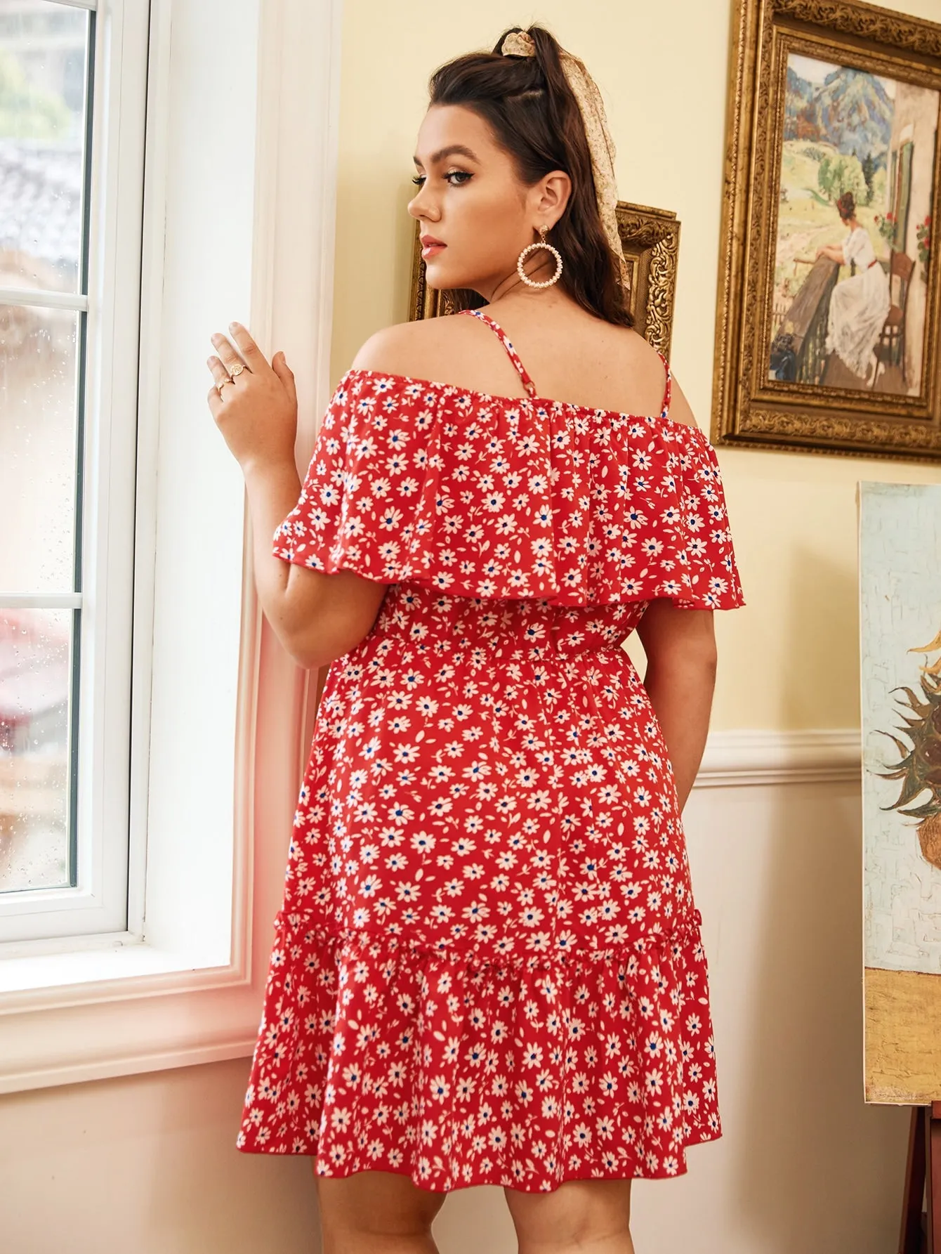 Boho Ditsy Floral Ruffle Hem Short Sleeve Off The Shoulder Flounce High Waist Short Plus Size Dress