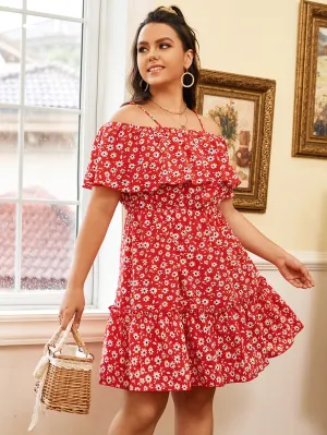Boho Ditsy Floral Ruffle Hem Short Sleeve Off The Shoulder Flounce High Waist Short Plus Size Dress