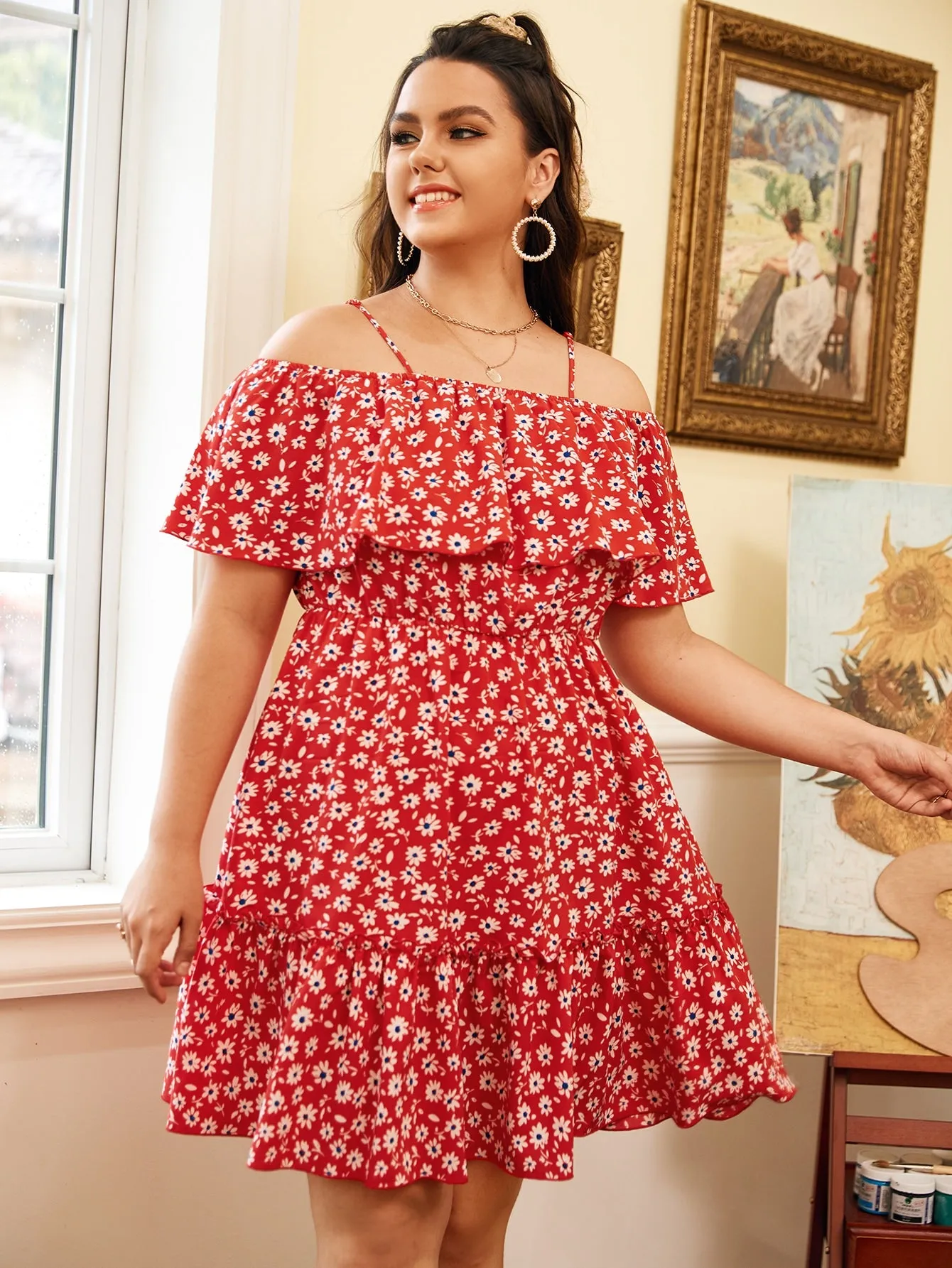 Boho Ditsy Floral Ruffle Hem Short Sleeve Off The Shoulder Flounce High Waist Short Plus Size Dress
