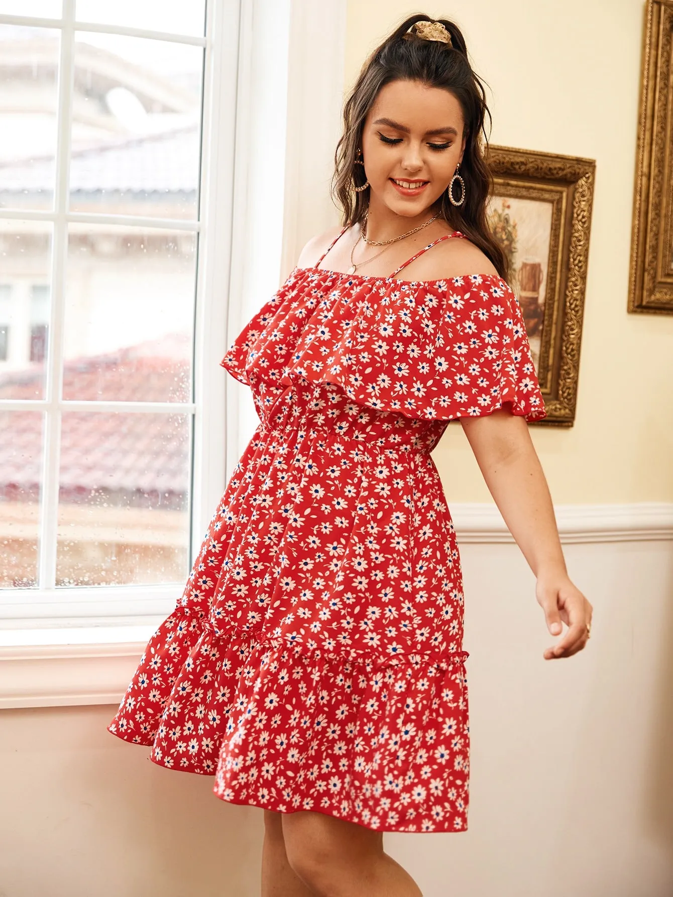 Boho Ditsy Floral Ruffle Hem Short Sleeve Off The Shoulder Flounce High Waist Short Plus Size Dress