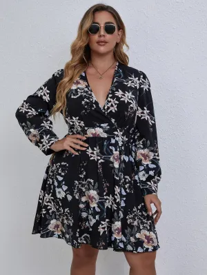 Boho Floral Long Sleeve Deep V Neck Flared High Waist Short Plus Dress