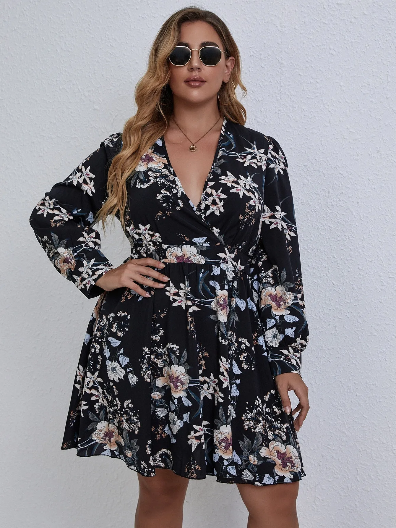 Boho Floral Long Sleeve Deep V Neck Flared High Waist Short Plus Dress