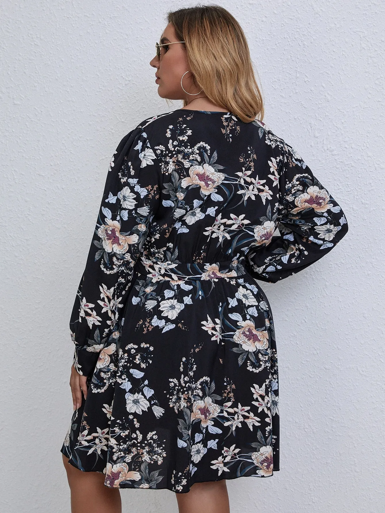 Boho Floral Long Sleeve Deep V Neck Flared High Waist Short Plus Dress