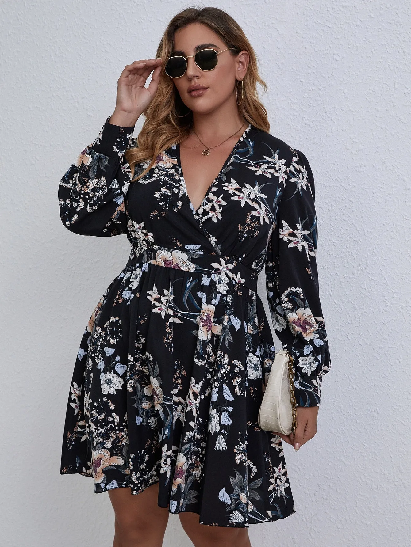 Boho Floral Long Sleeve Deep V Neck Flared High Waist Short Plus Dress