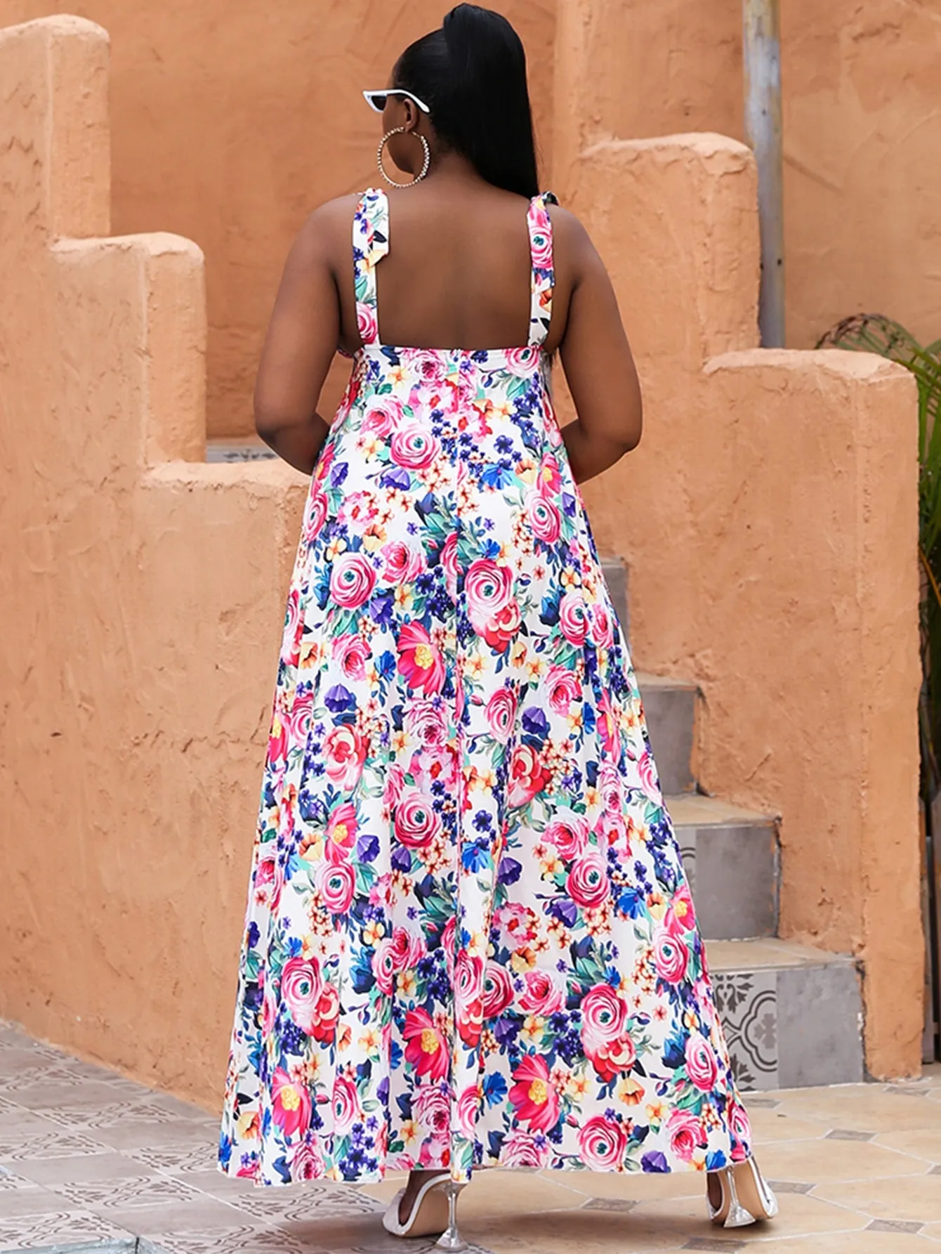 Boho Floral Zipper Sleeveless Straps Flared High Waist Long Plus Size Dress