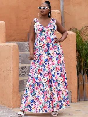 Boho Floral Zipper Sleeveless Straps Flared High Waist Long Plus Size Dress