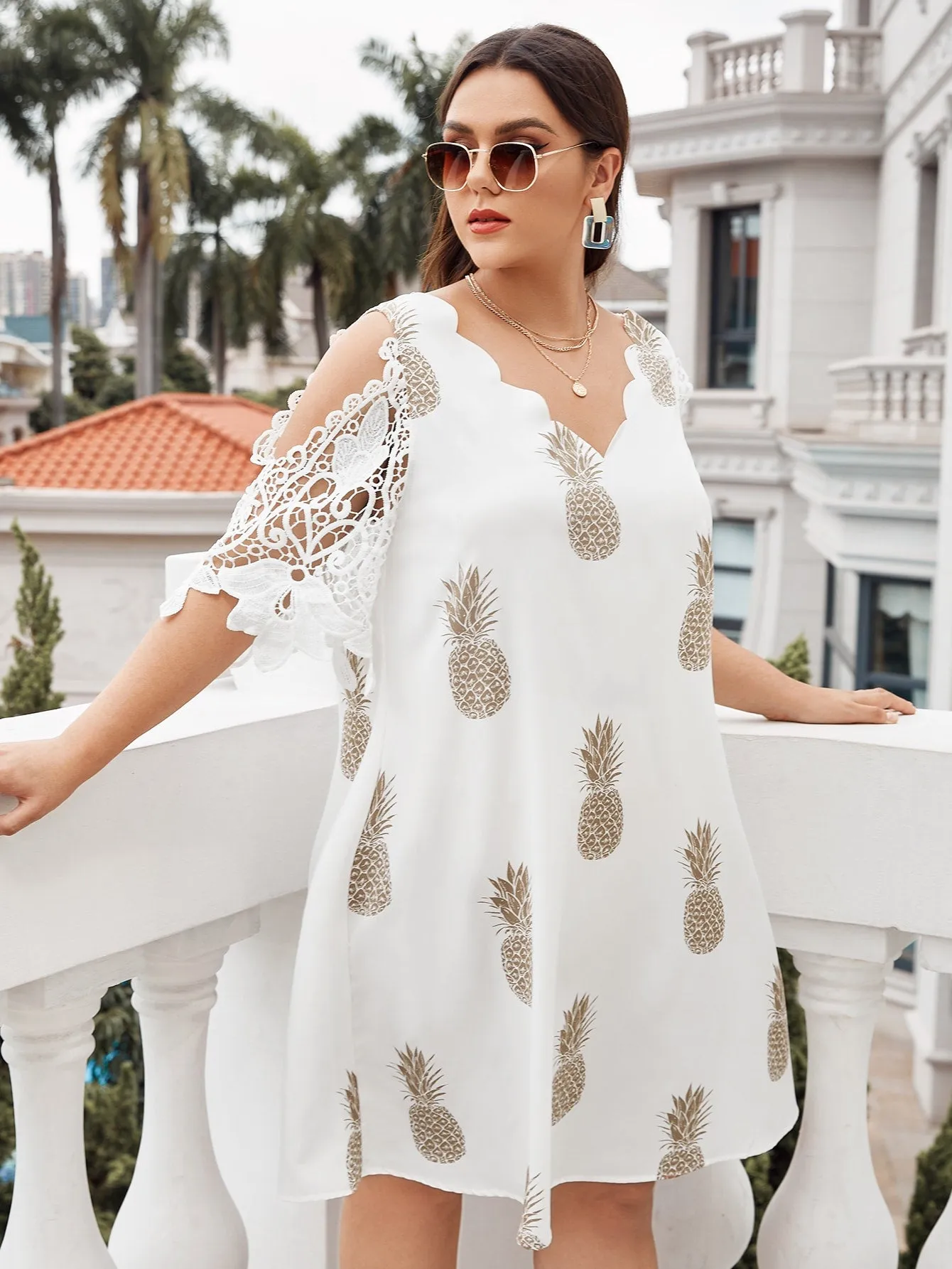 Boho Fruit&Vegetable Sheer Half Sleeve V Neck Flared Natural Midi Plus Size Dress