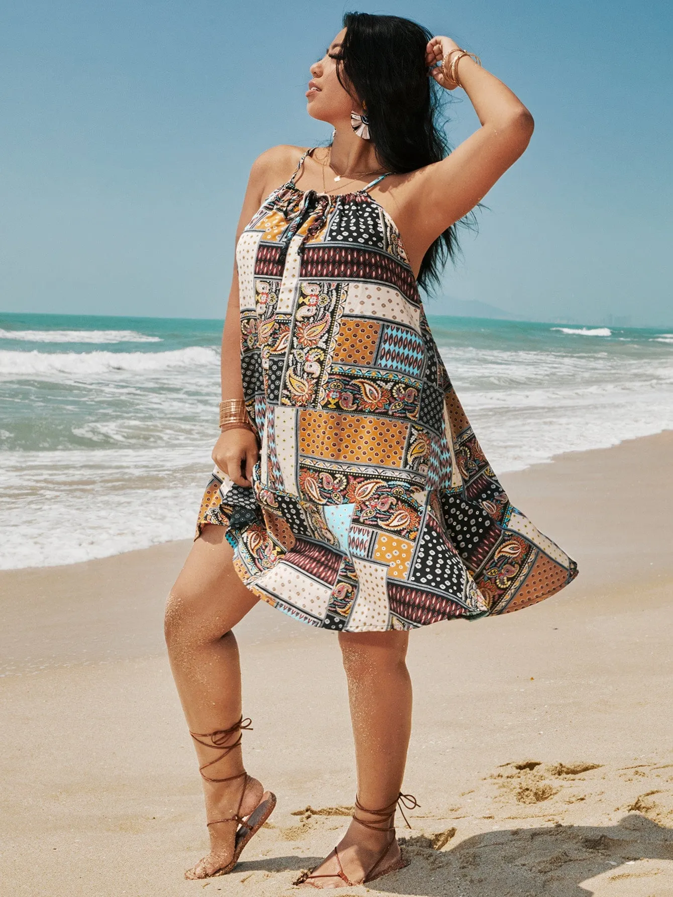 Boho Patchwork Tie Front Sleeveless Halter Flounce Knee Length Plus Size Dress