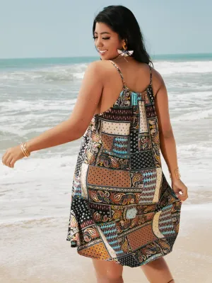 Boho Patchwork Tie Front Sleeveless Halter Flounce Knee Length Plus Size Dress