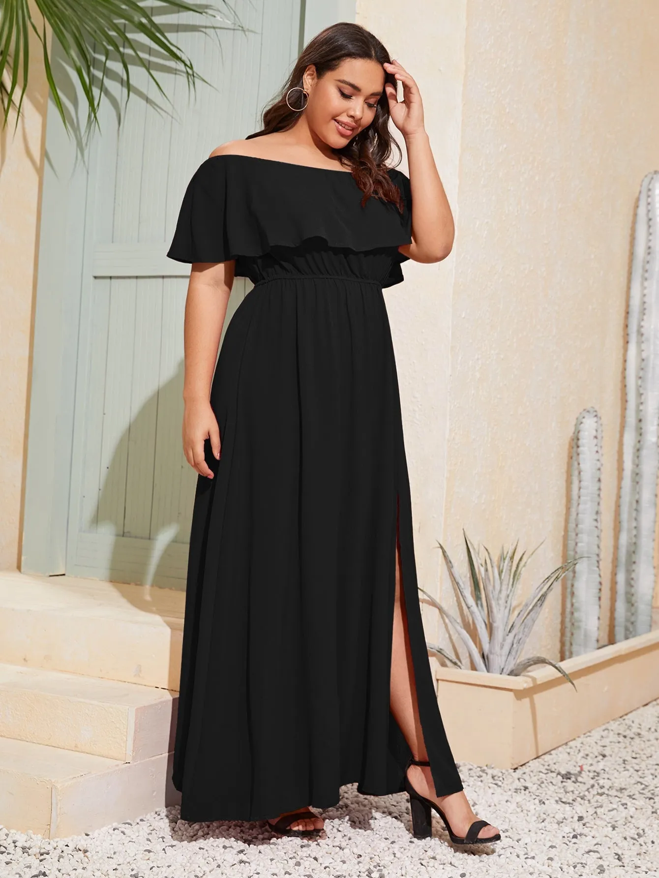 Boho Plain Split Thigh Half Sleeve Off The Shoulder Slit High Waist Maxi Plus Size Dress