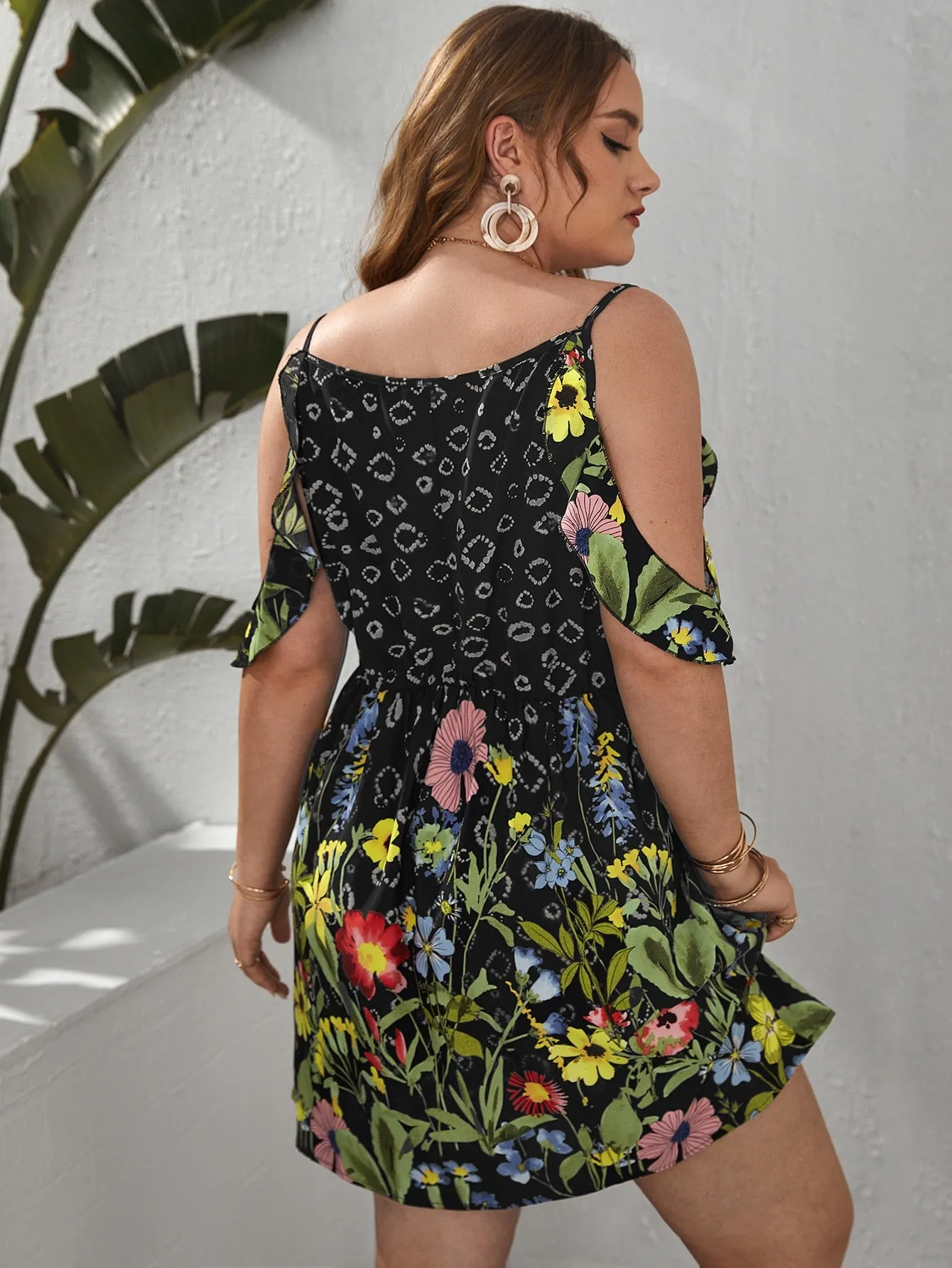 Boho Plants Short Sleeve Cold Shoulder Flared High Waist Short Plus Size Dress