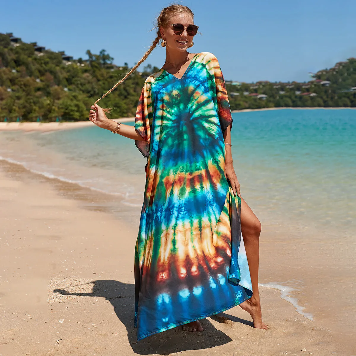 Boho Style Maxi Dress Print Face Swim Suit Cover-up Bohemian Dress